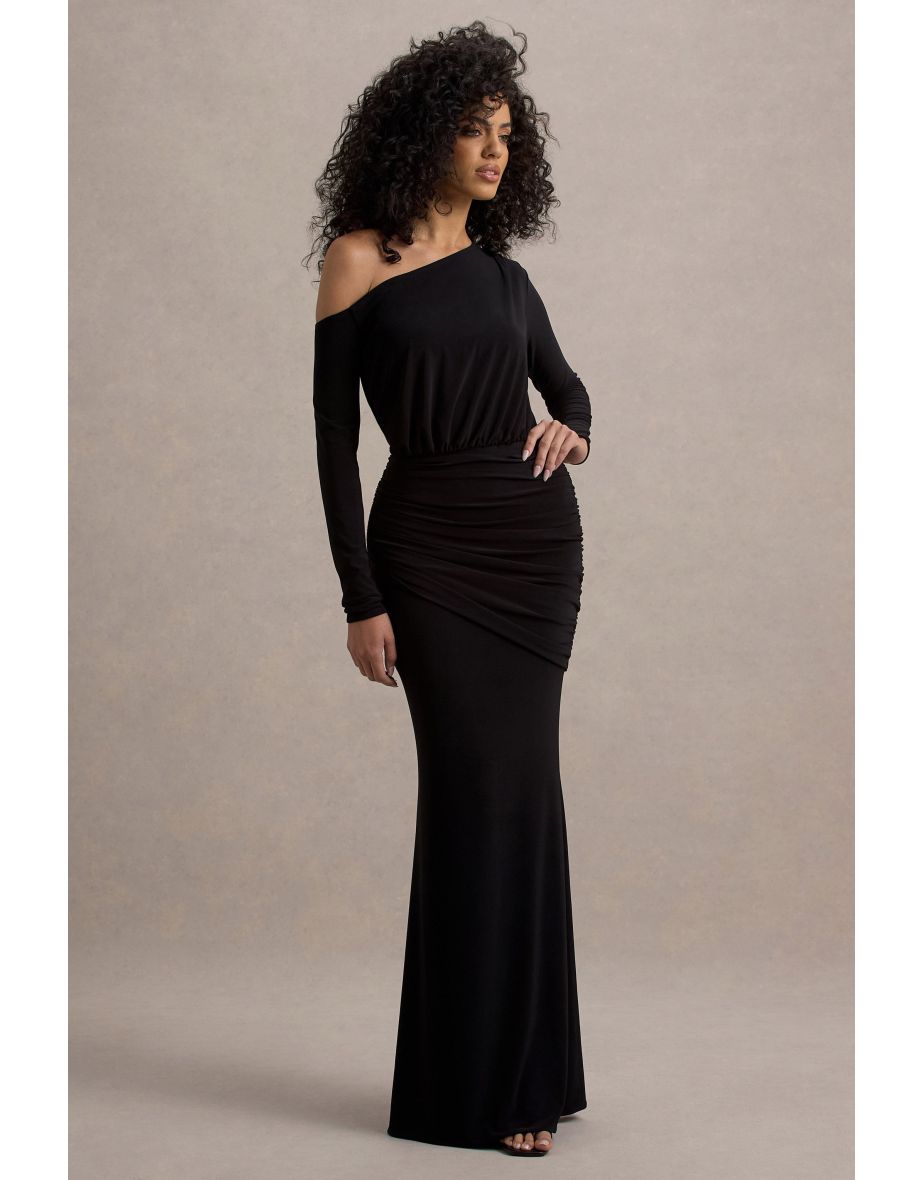 Deanna | Black Asymmetric Long-Sleeve Ruched Maxi Dress