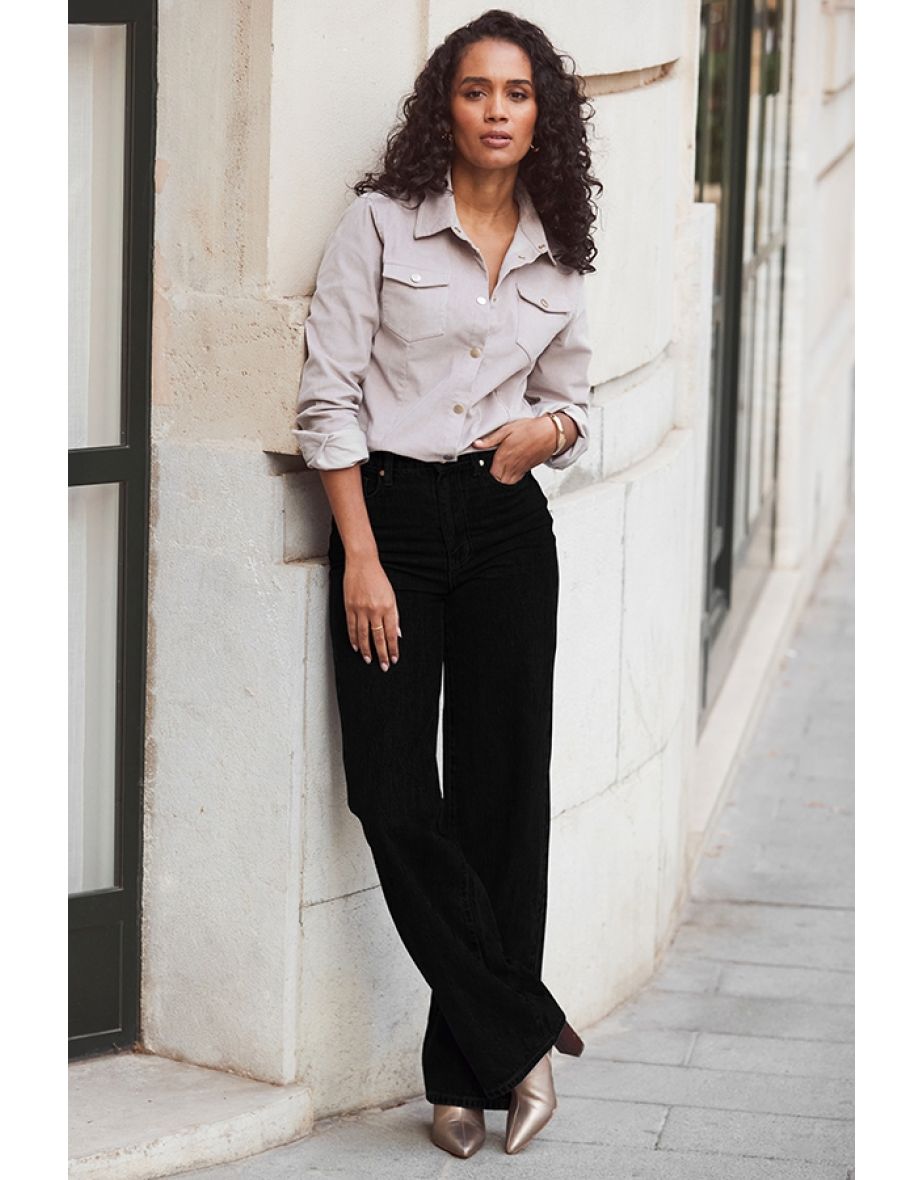 Black Wide Leg Jeans With Rose Gold Button Detail