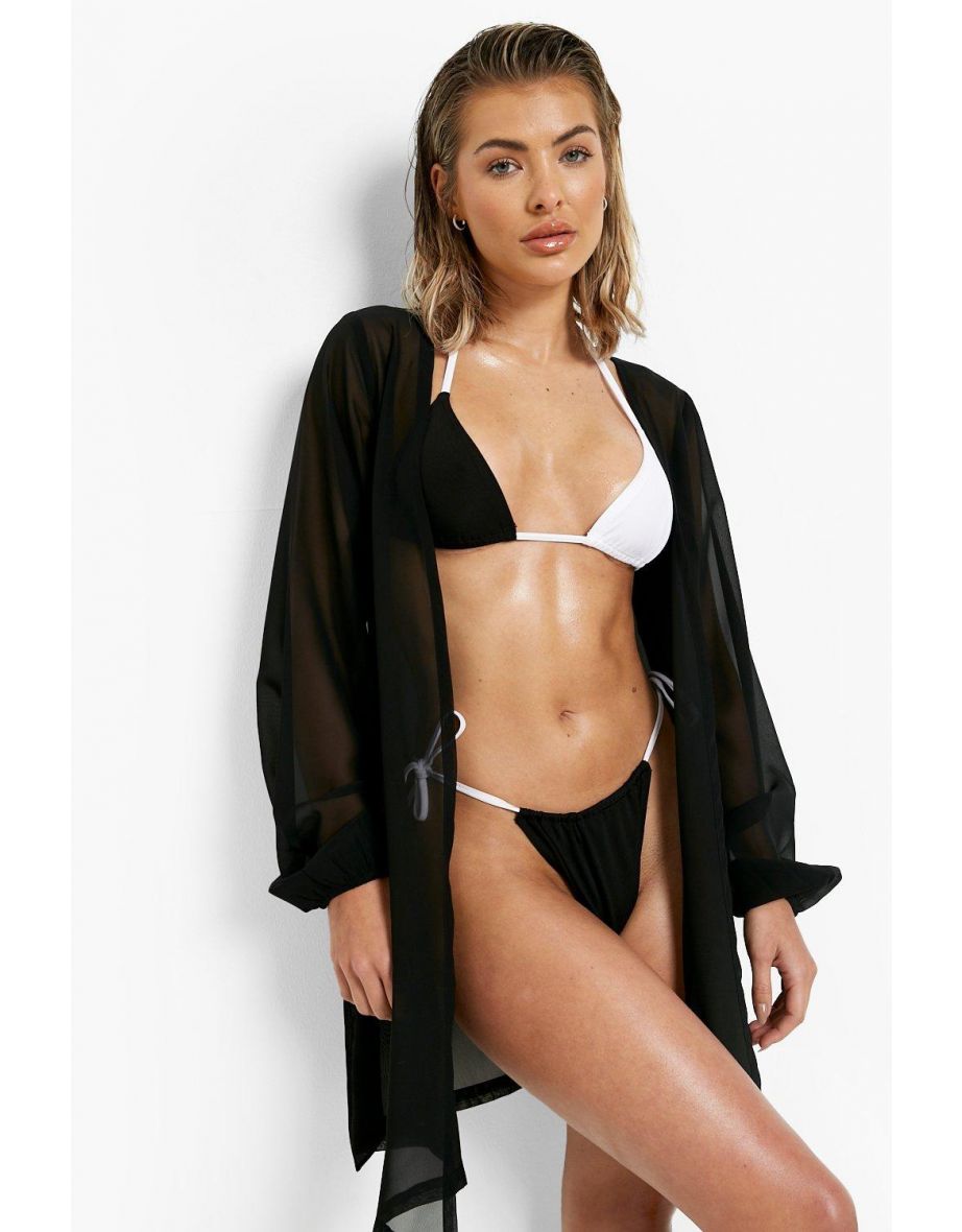 Chiffon Belted Beach Kimono - black - 3