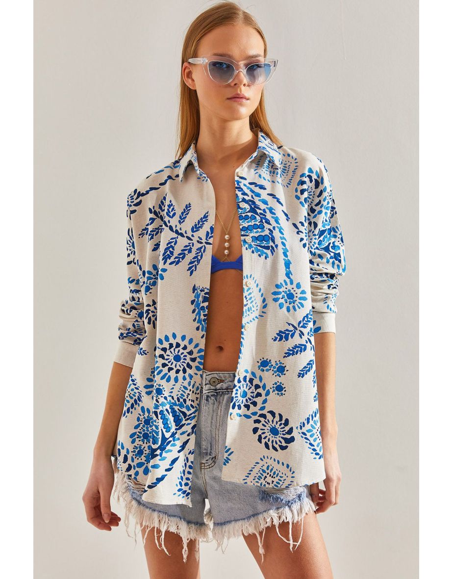 Women's Large Leaf Patterned Loose Linen Shirt