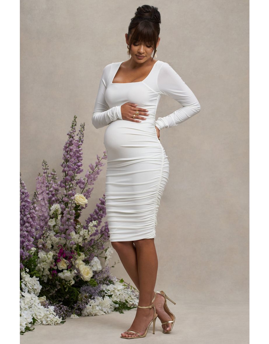 New Life | White Maternity Square Neck Ruched Midi Dress - 4