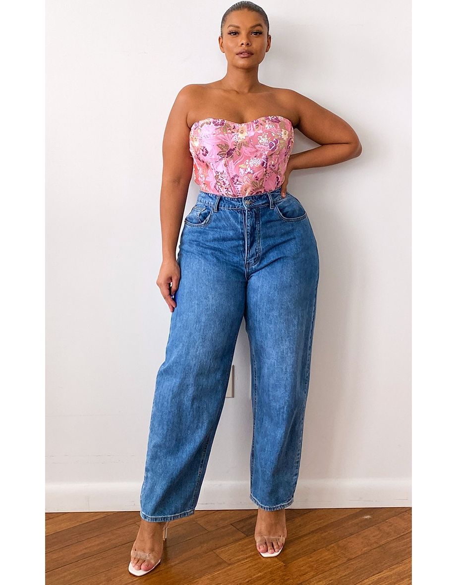 Plus Pink Satin Floral Print Corset
