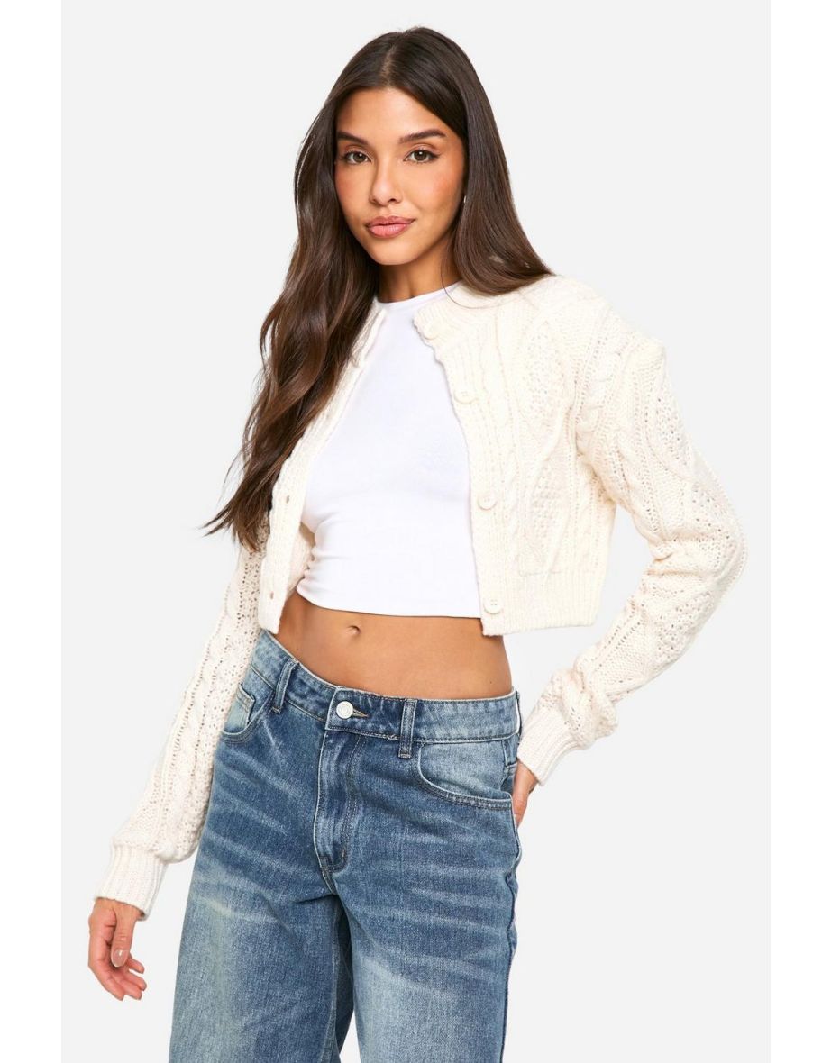 Cable Knit Cropped Cardigan - cream