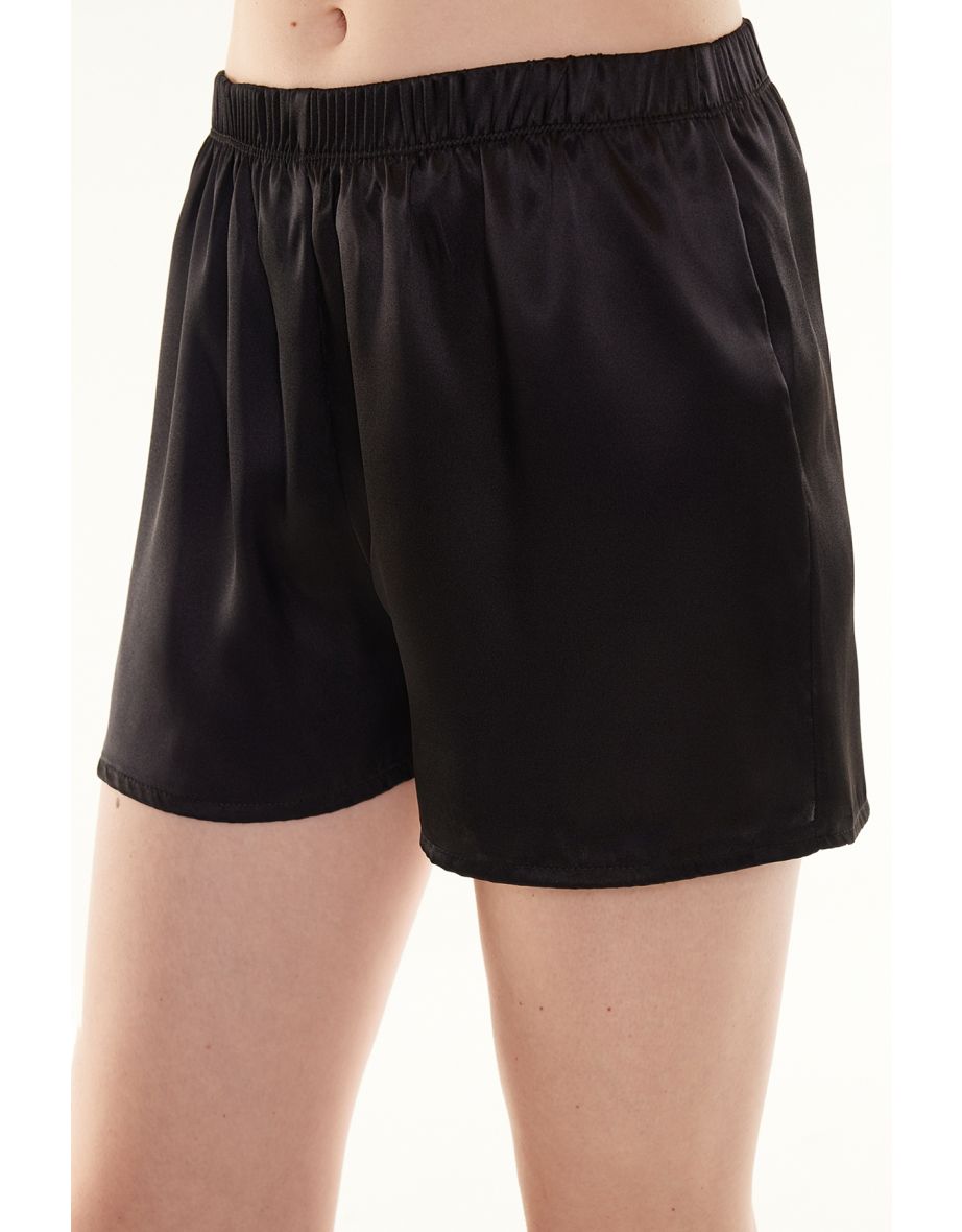 Black Satin Glitter Detailed Shirt-Shorts Woven Pajama Set - 7