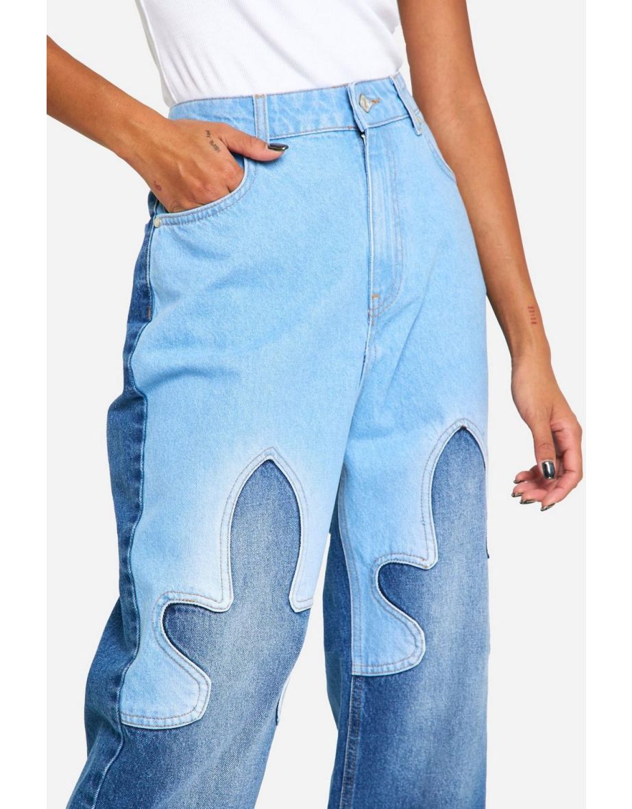 Western Detail Contrast Colour Block Wide Leg Jean - denim-blue - 3
