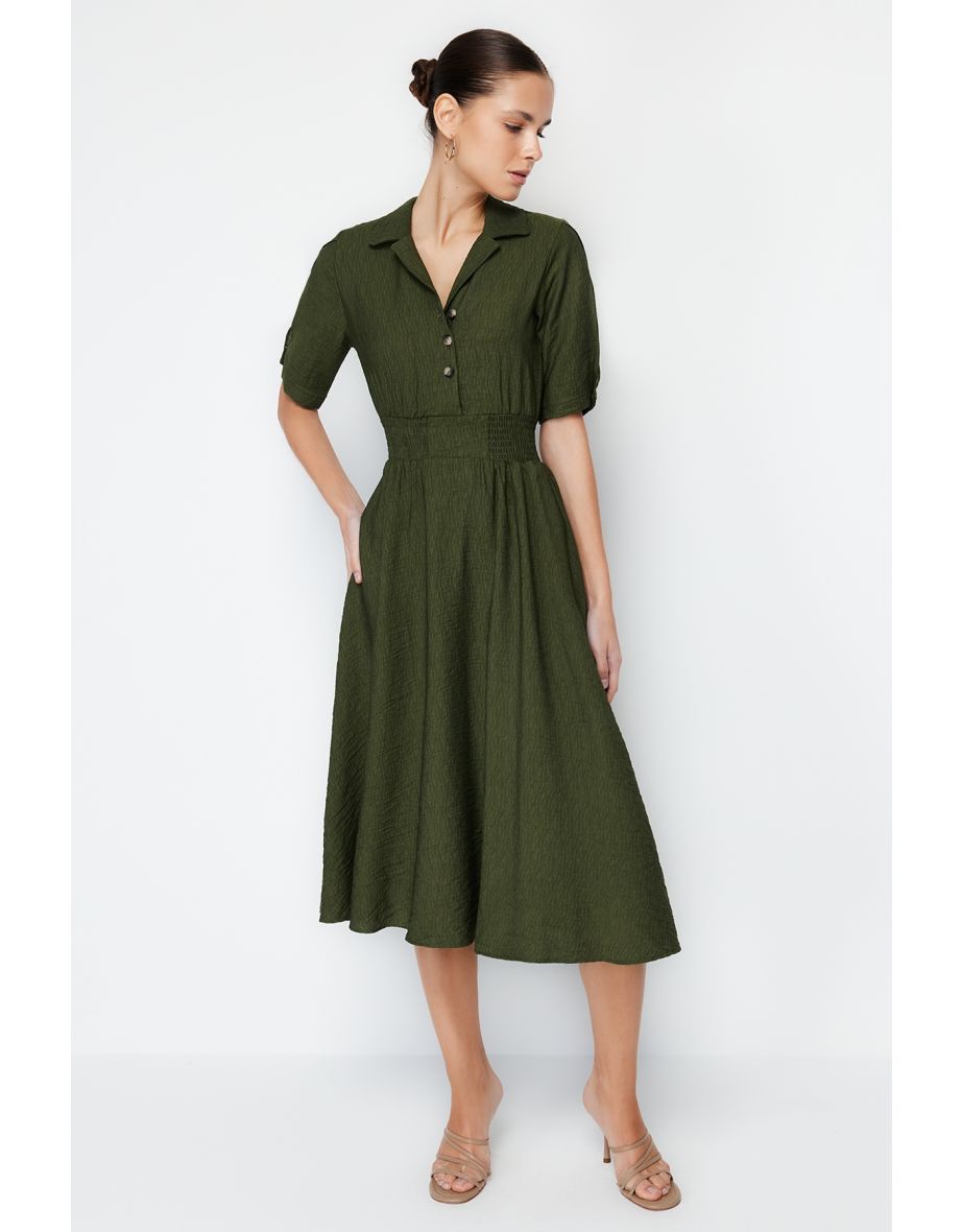 Khaki Midaxi Woven Gimped Dress