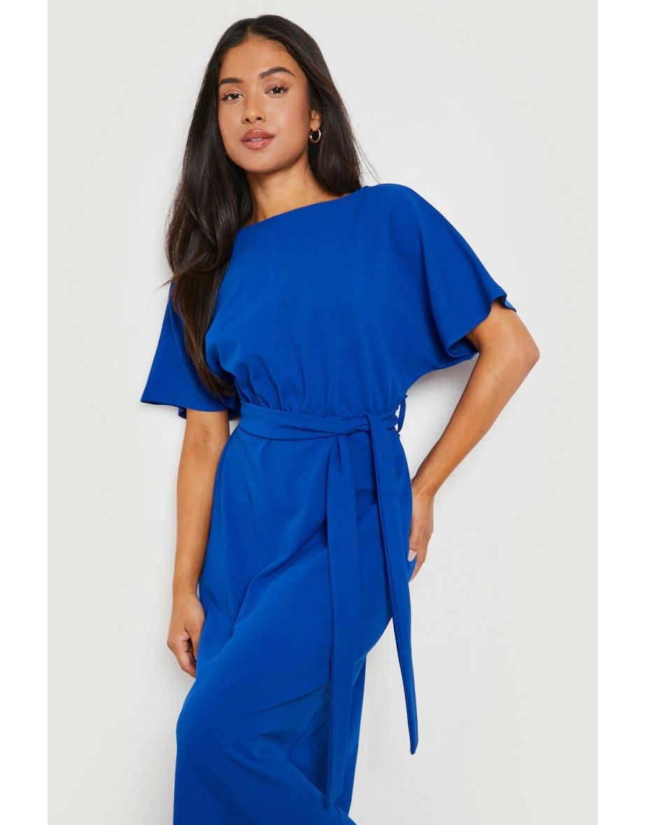 Petite Slash Tie Waist Cape Sleeve Maxi Dress - cobalt - 3