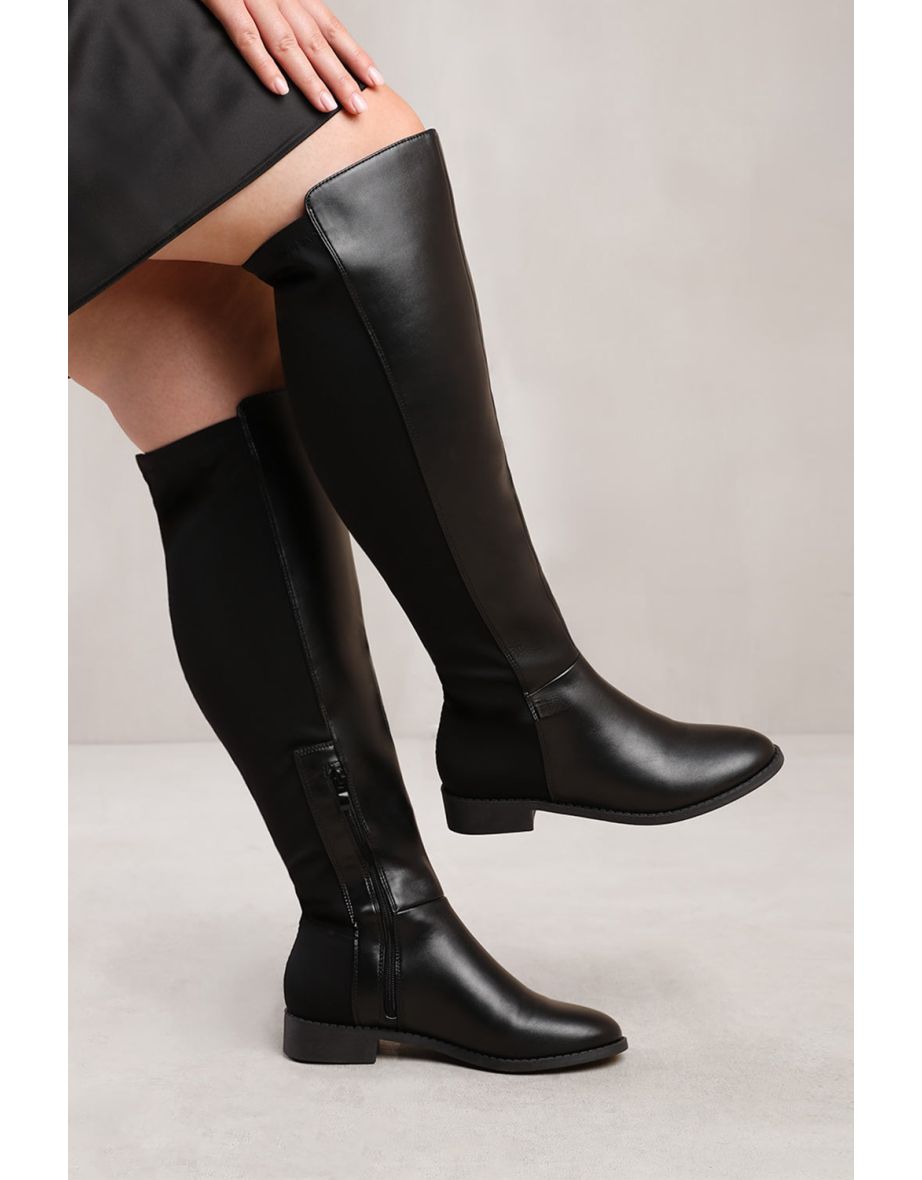 DIEM STRETCH WIDE CALF OVER THE KNEE BOOTS IN WIDE E FIT IN BLACK FAUX LEATHER