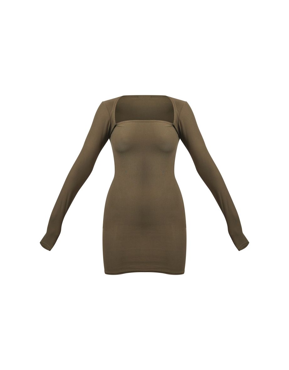 Khaki Soft Touch Square Neck Long Sleeve Bodycon Dress - 4