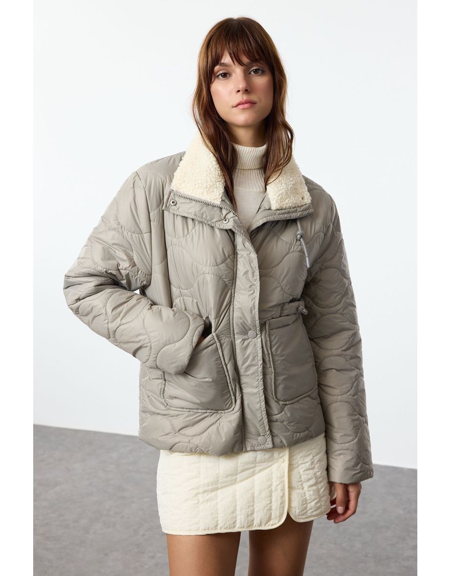 Grey Regular Fit Stand Collar Quilted Coat