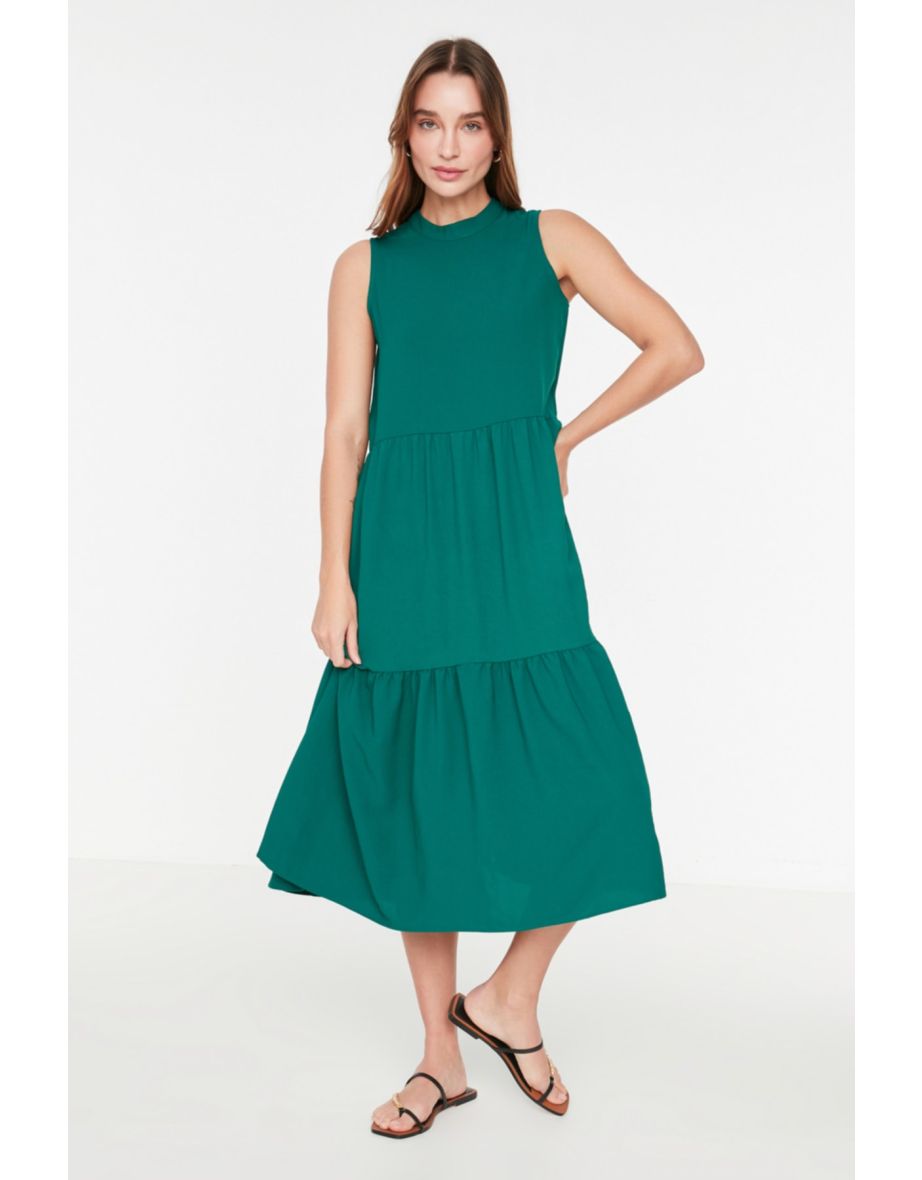 Green A-Line Midi Smock Dress - 4