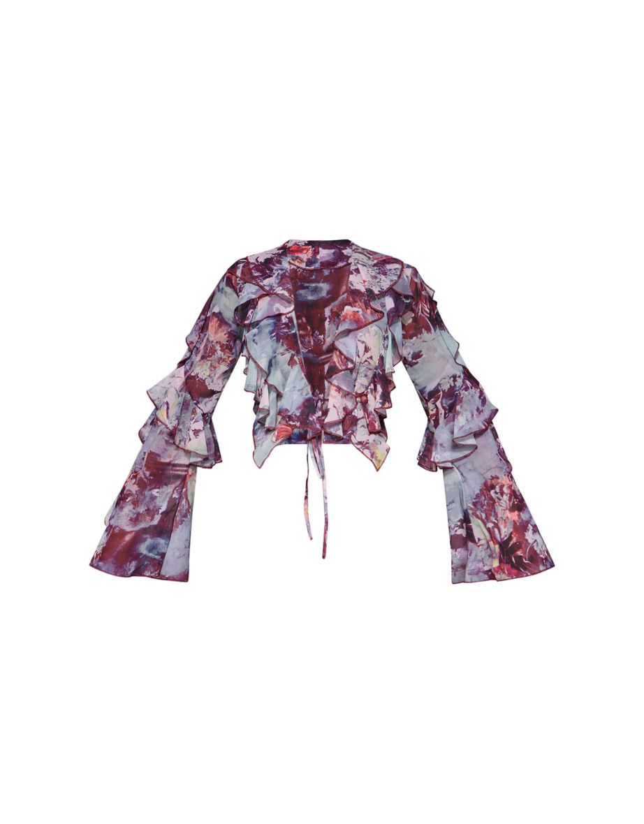 Purple Printed Sheer Woven Ruffle Tie Crop Blouse - 4