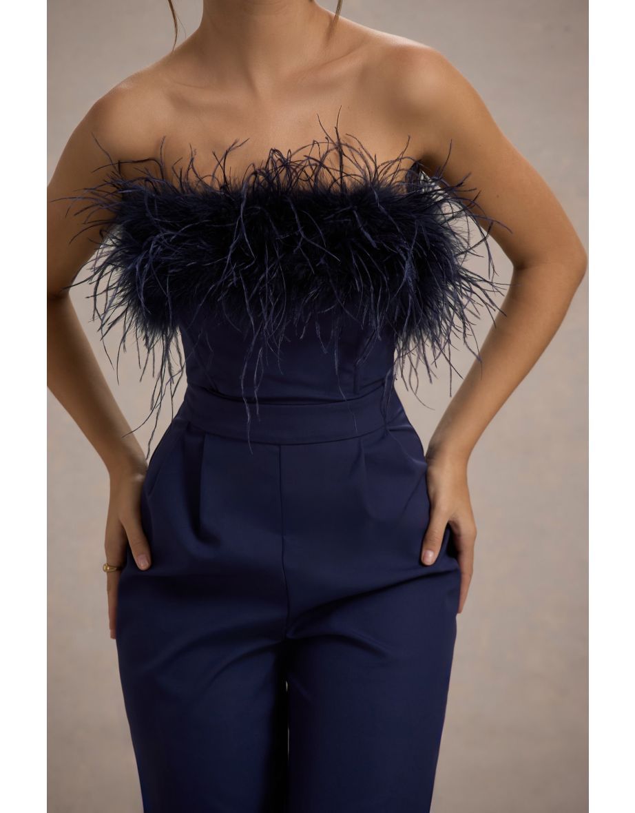 First Class | Navy Bandeau Feather Wide Leg Jumpsuit - 6