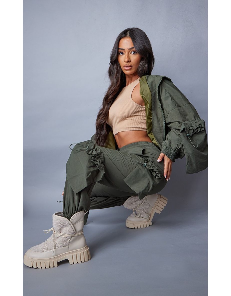 Petite Khaki Nylon Pocket Detail Cargo Jogger