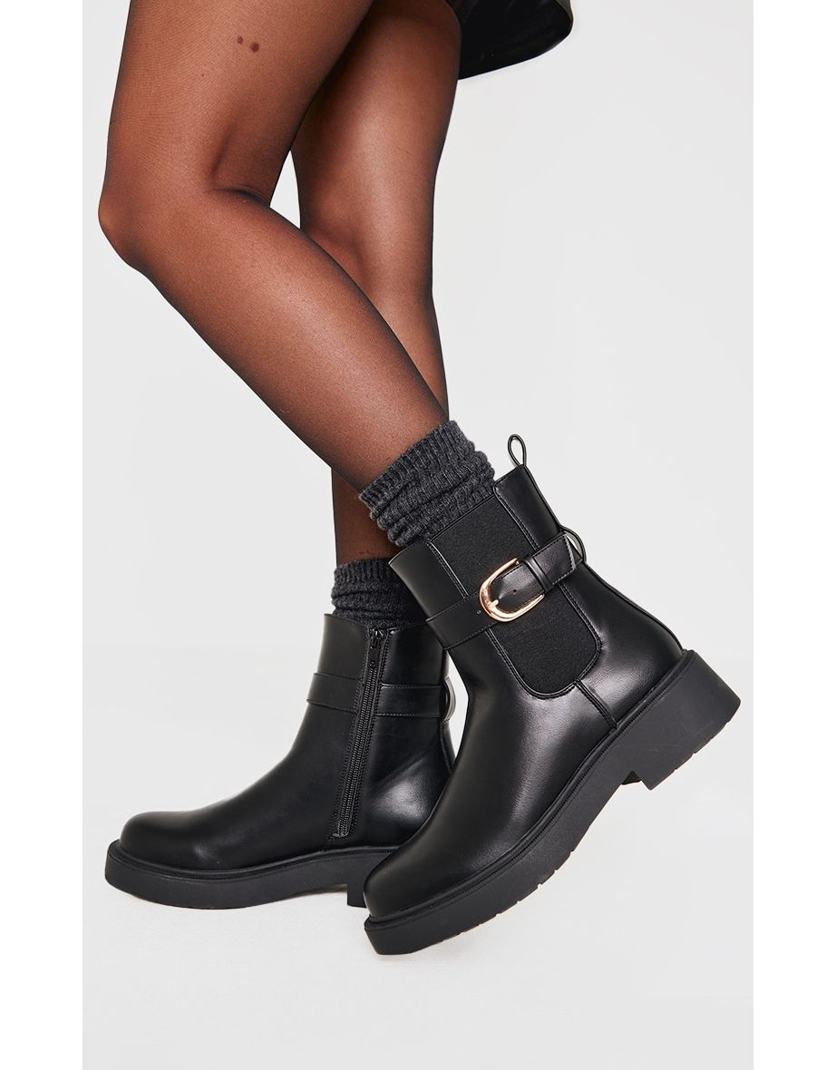 Black Round Toe Gold Buckle Chelsea Boots