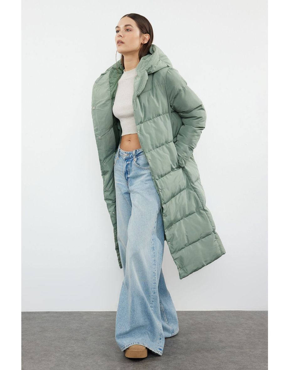 Light Khaki Regular Side Snap Closure Water Repellent Long Quilted Puffer Jacket - 7