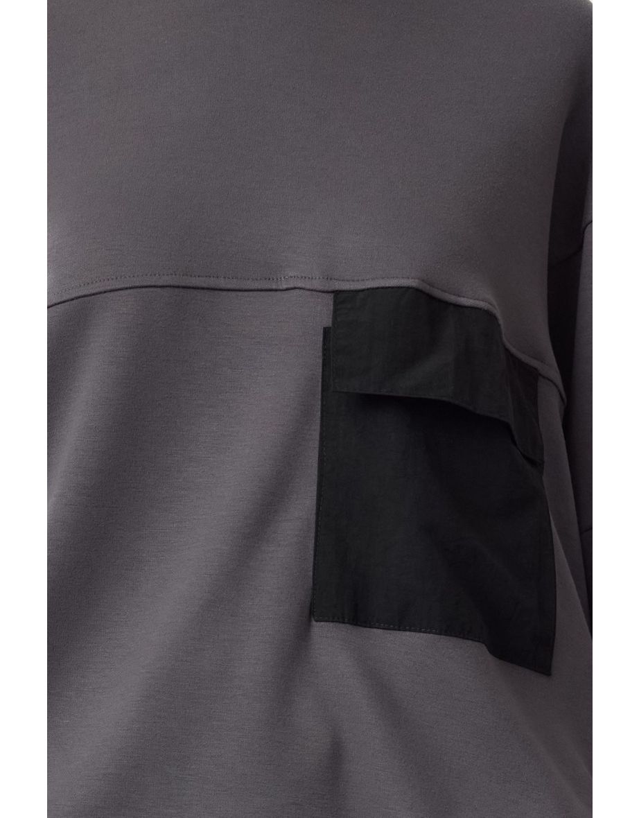 Anthracite Soft Touch Parachute Pocket Detailed Oversize/Wide Cut Knitted Sweatshirt - 4