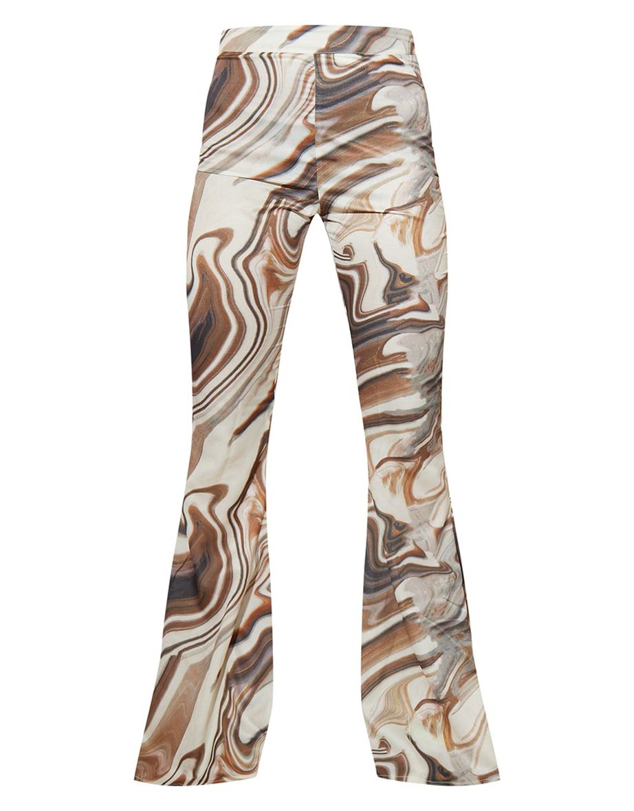 Brown Marble Print Woven High Waisted Flare Trousers - 4