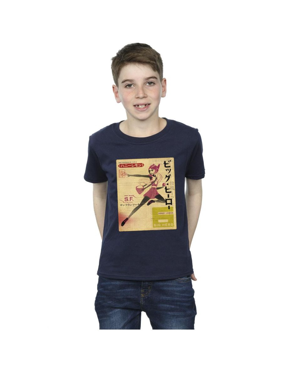 Disney Boys Big Hero 6 Baymax Honey Lemon Newspaper T-Shirt - Navy Blue