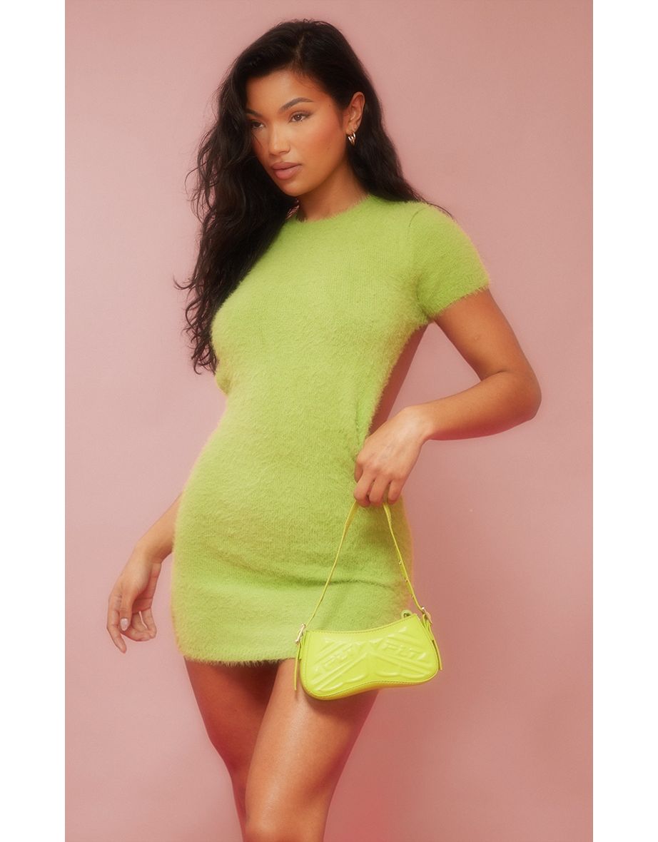 Lime Eyelash Knit Open Back Mini Dress