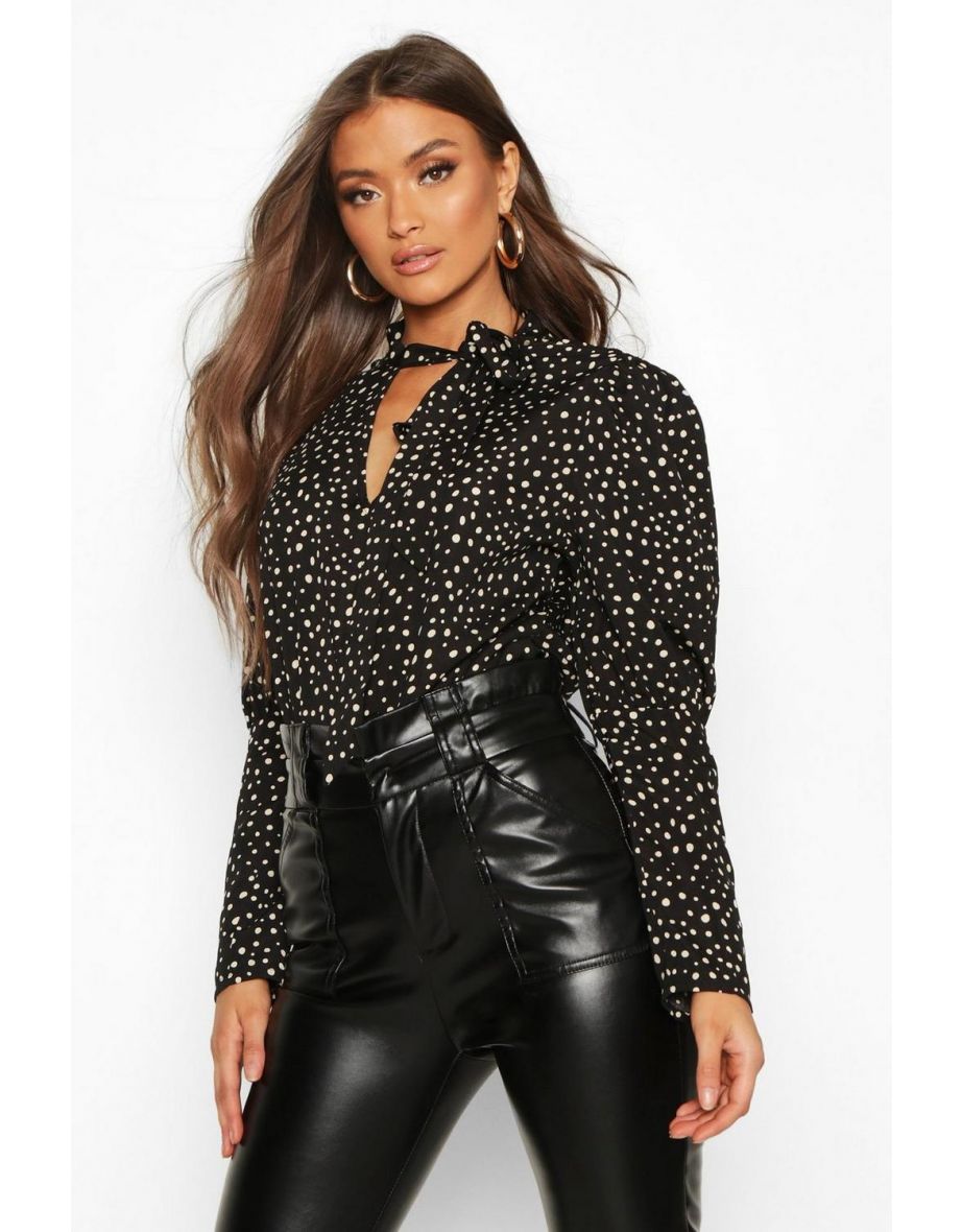 Spot Print Puff Sleeve Blouse - black