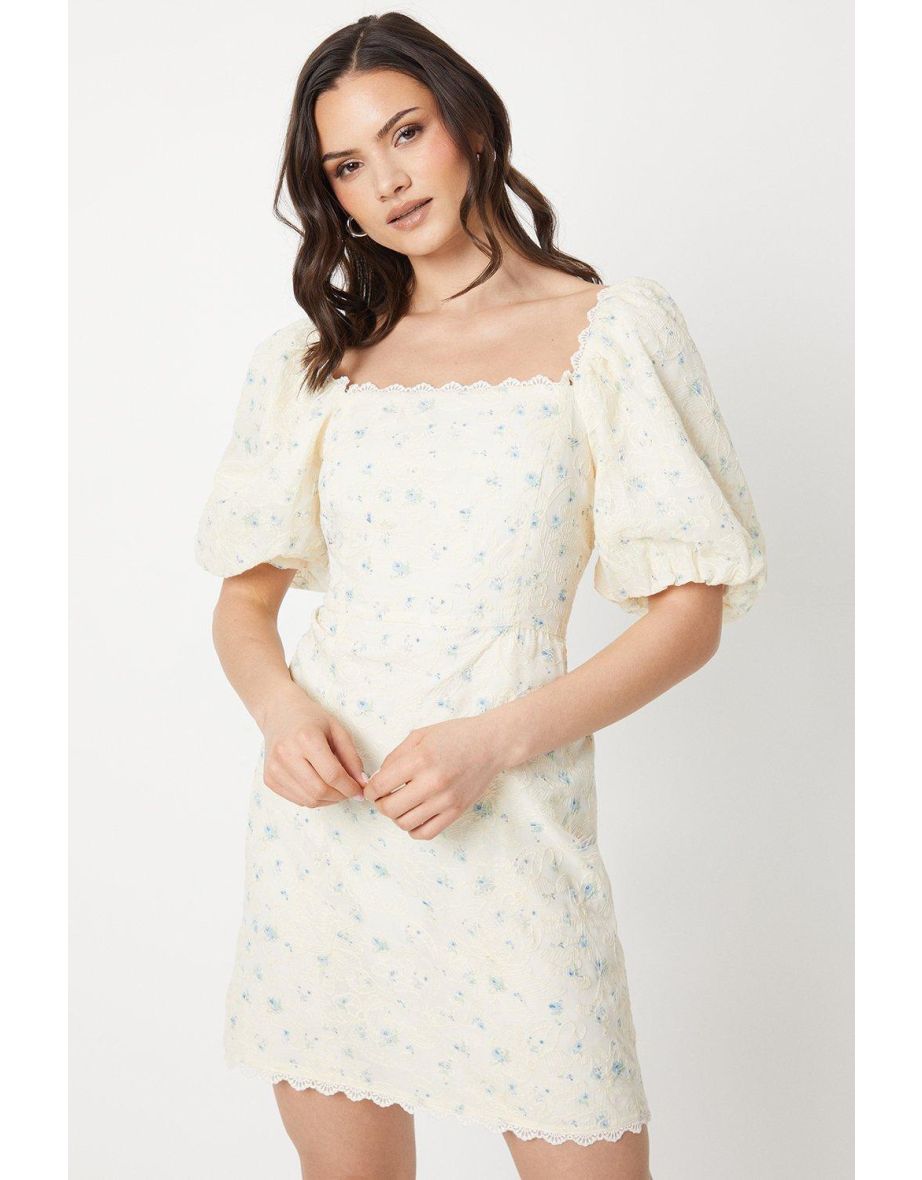 Embroidered Floral Puff Sleeve Mini Dress