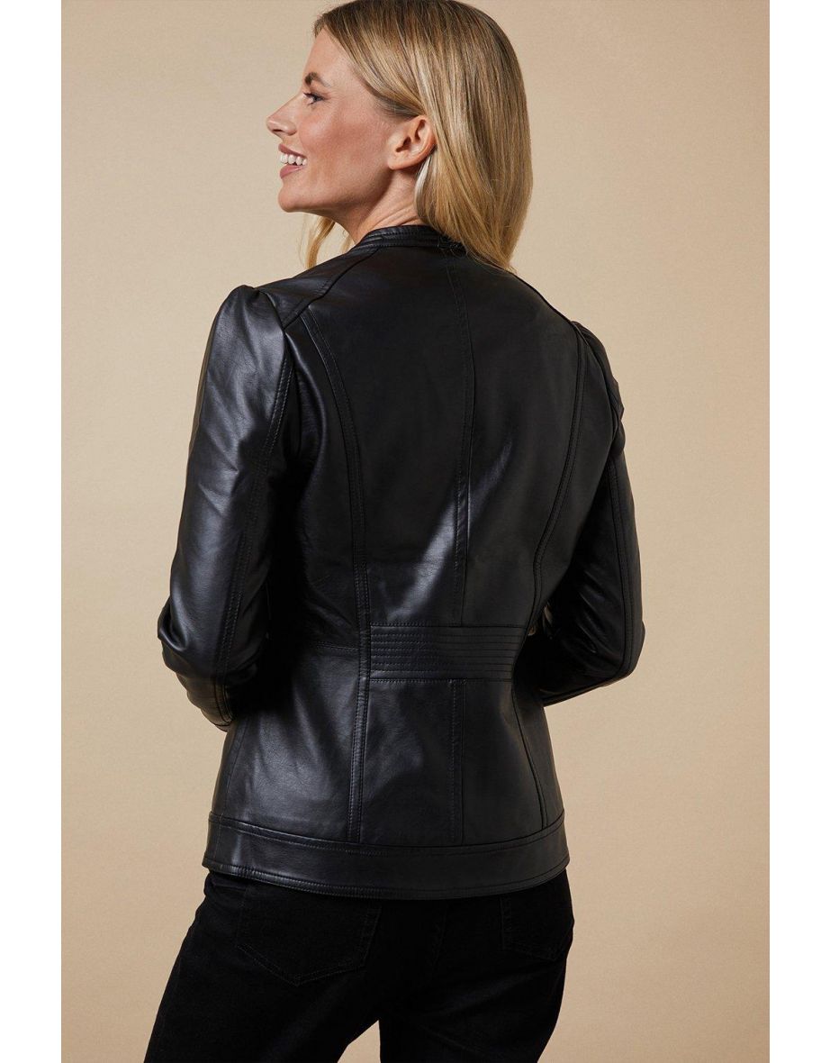 Petite Black Faux Leather Pleat Detail Zip Front Jacket - 2