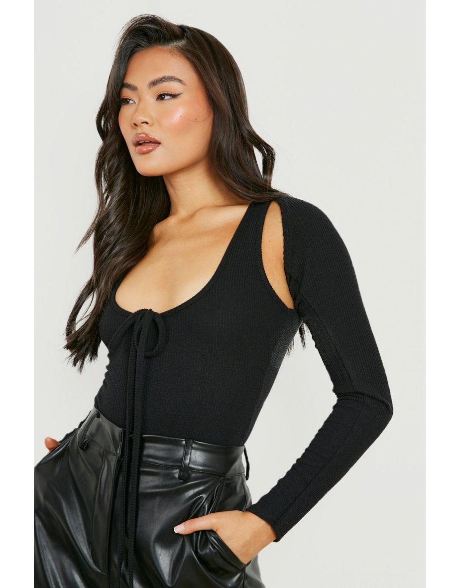 Crinkle Rib Strap Detail Bodysuit - black - 3