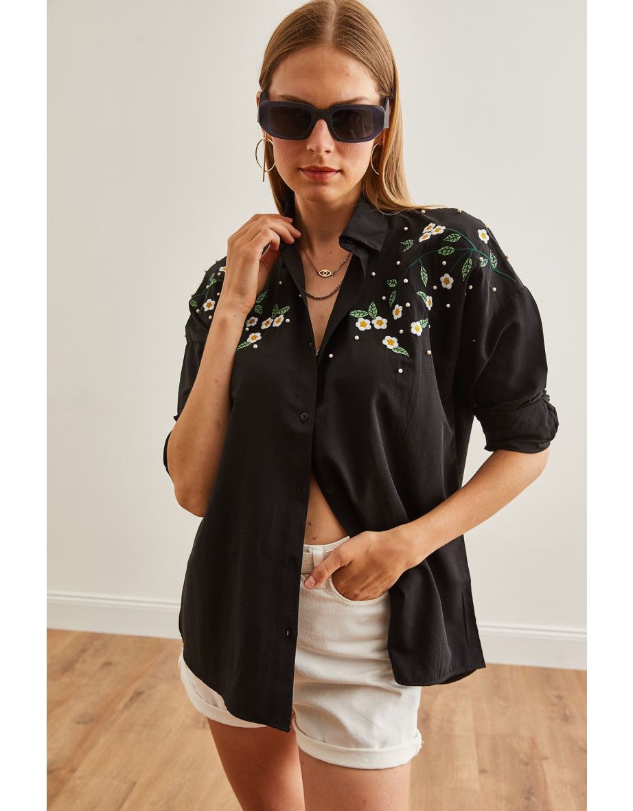 Women's Daisy Black Embroidery Detailed Oversize Woven Shirt