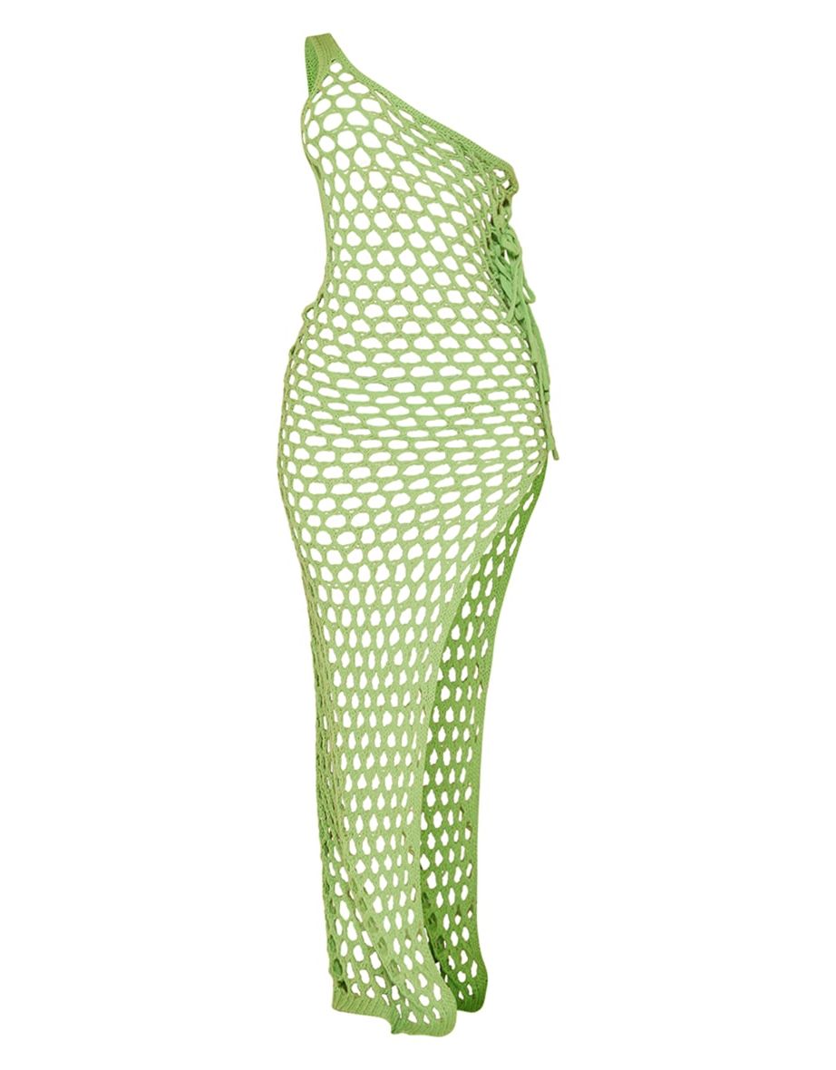 Petite Bright Green Open Knit Tie Side Maxi Dress With Split - 4