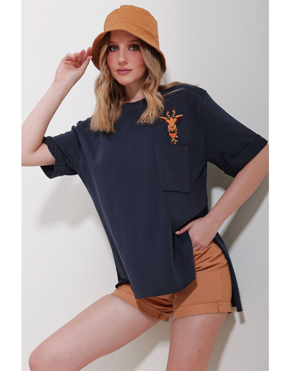 Women's Navy Blue Crew Neck Single Pocket Embroidered Double Sleeve Laser Cut Oversize T-Shirt