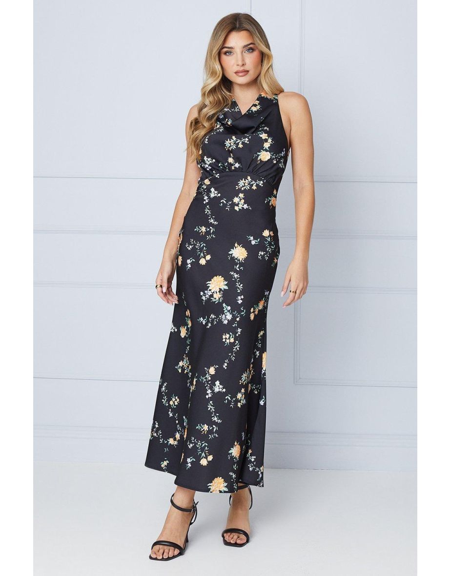 Occasion Floral Satin Cross Back Maxi Dress