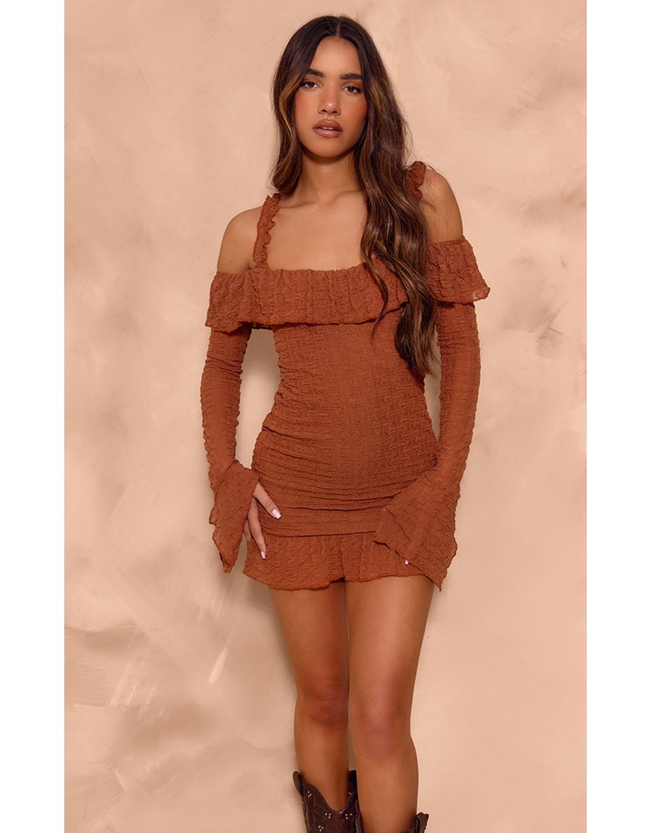 Shop Chocolate Textured Bardot Frill Hem Bodycon Dress Online in Saudi Arabia VogaCloset