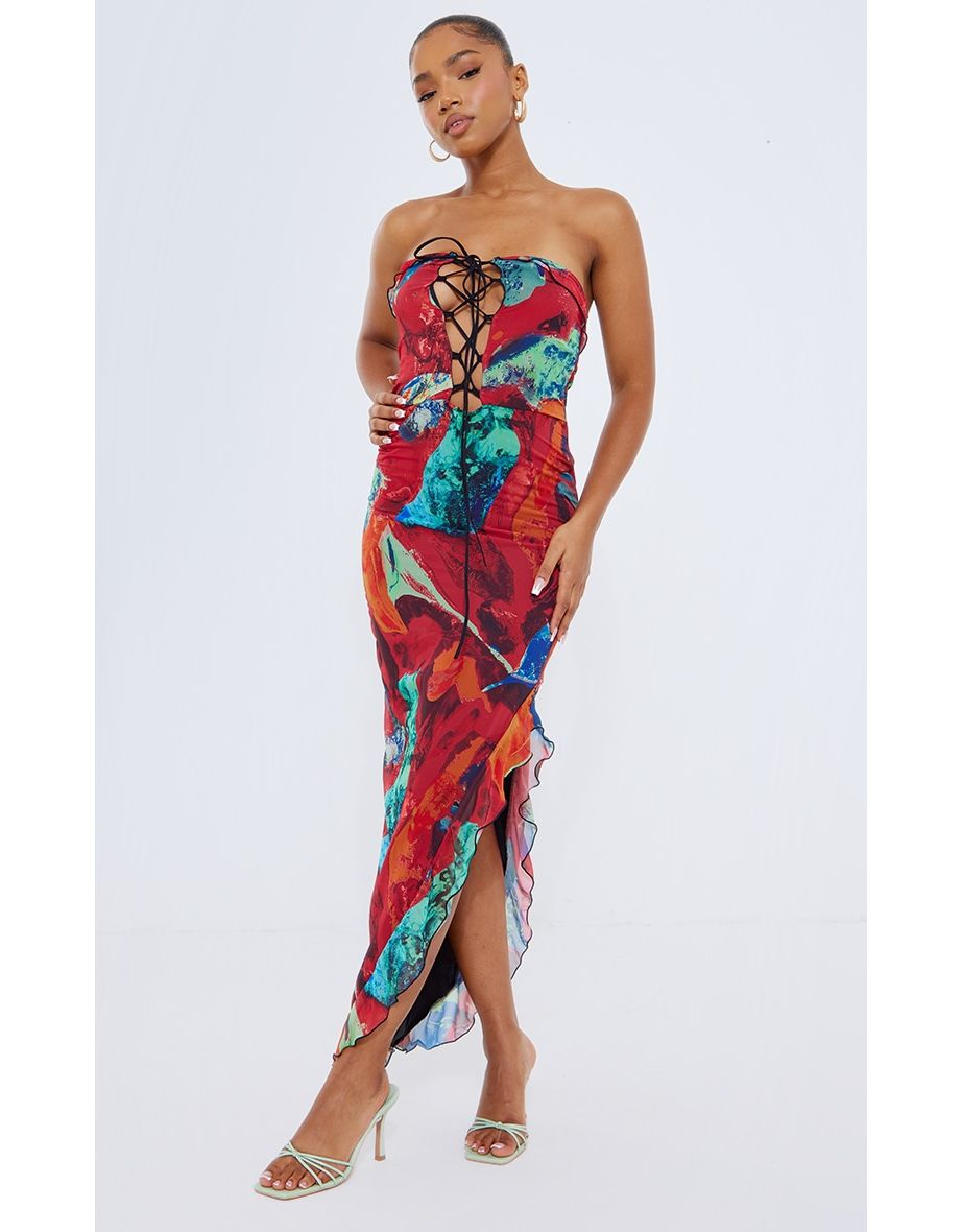 Red Abstract Print Lace Up Bust Asymmetric Ruffle Midaxi Dress