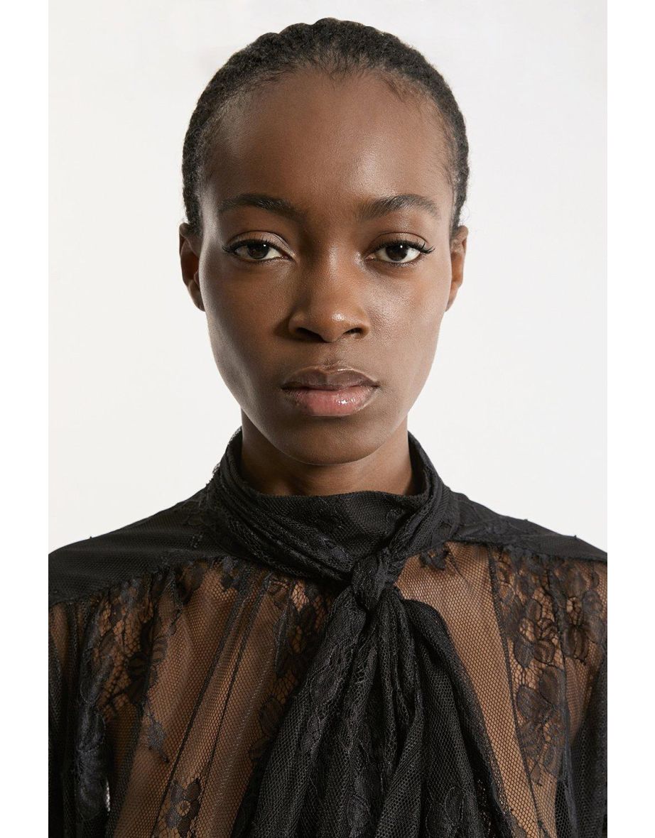 Tall Sheer Lace Balloon Sleeve Bow Detail Blouse - 1