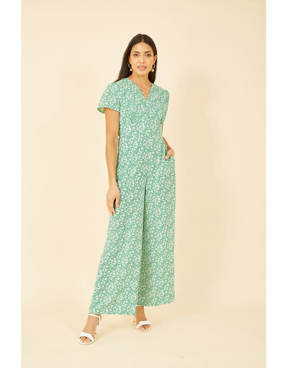 Yumi Green Ditsy Floral Wrap Jumpsuit