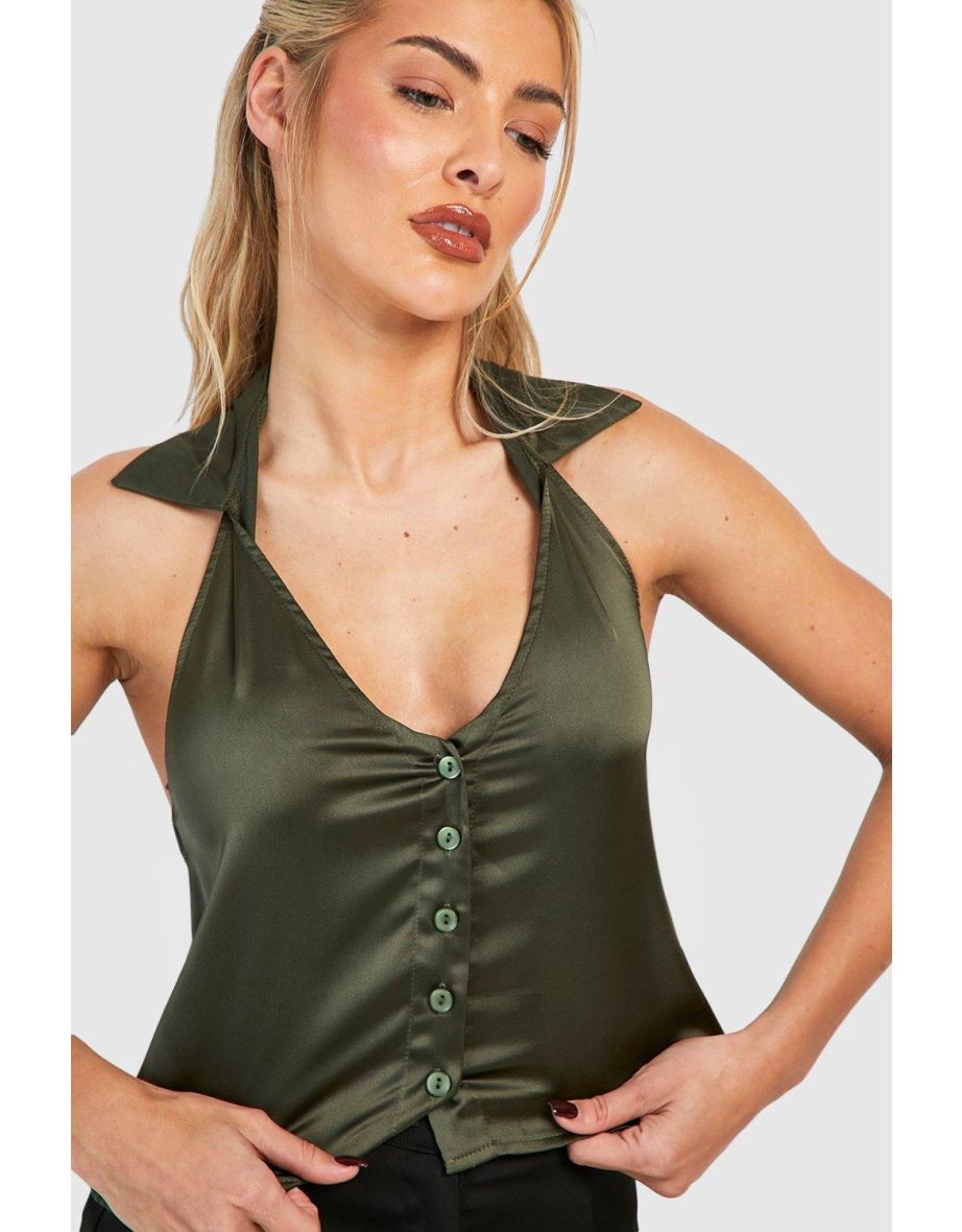 Satin Waist Coat Blouse - khaki - 3