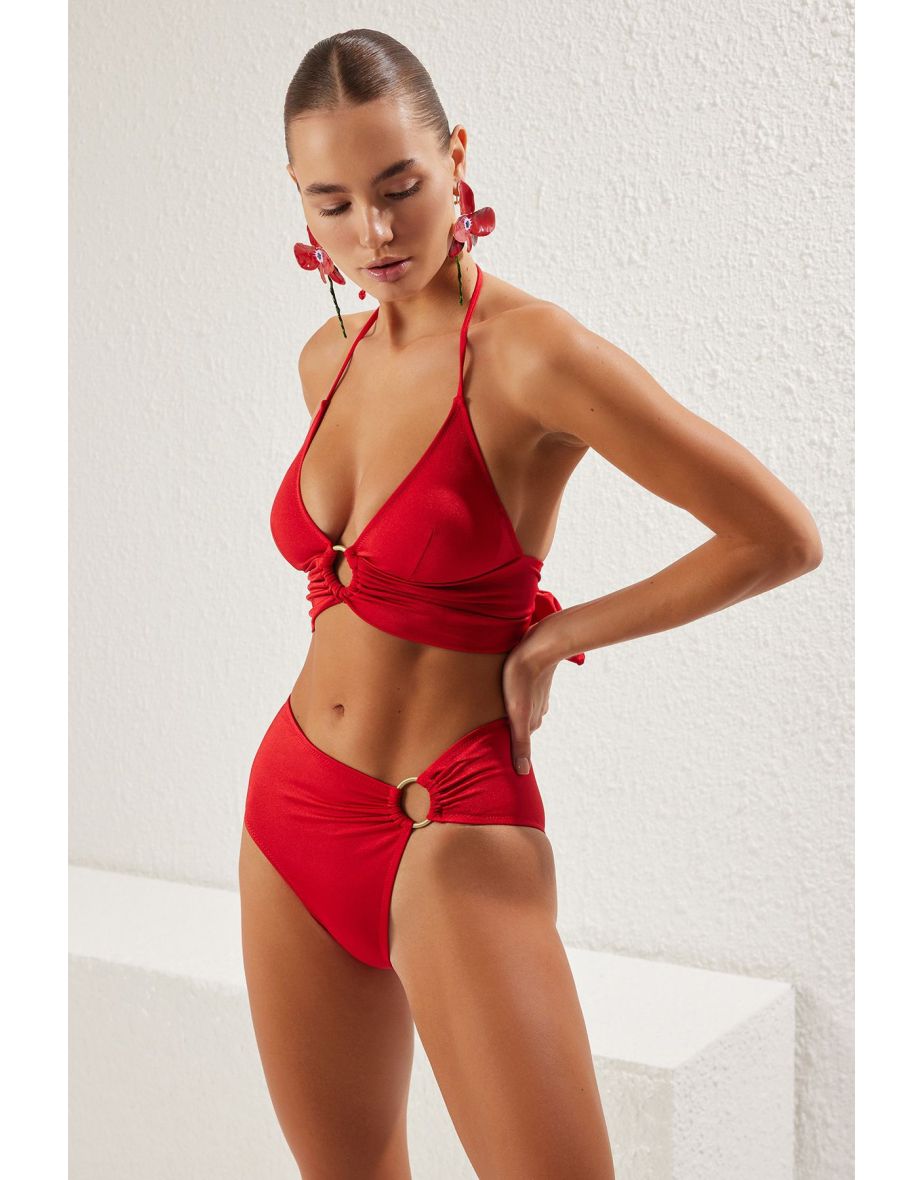 Red Plain Bralet Accessorized High Waist Bikini Set