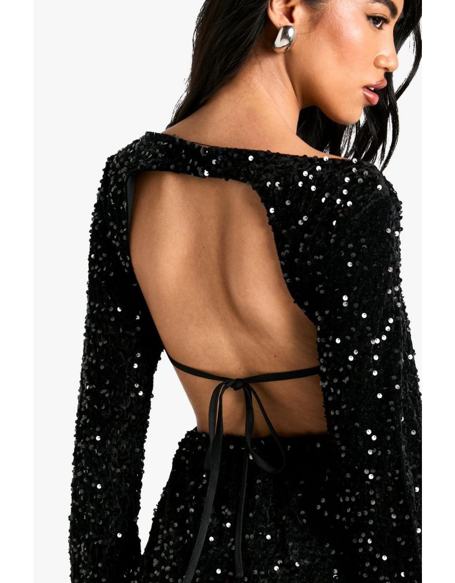 Velvet Sequin Flare Sleeve Playsuit - black - 3