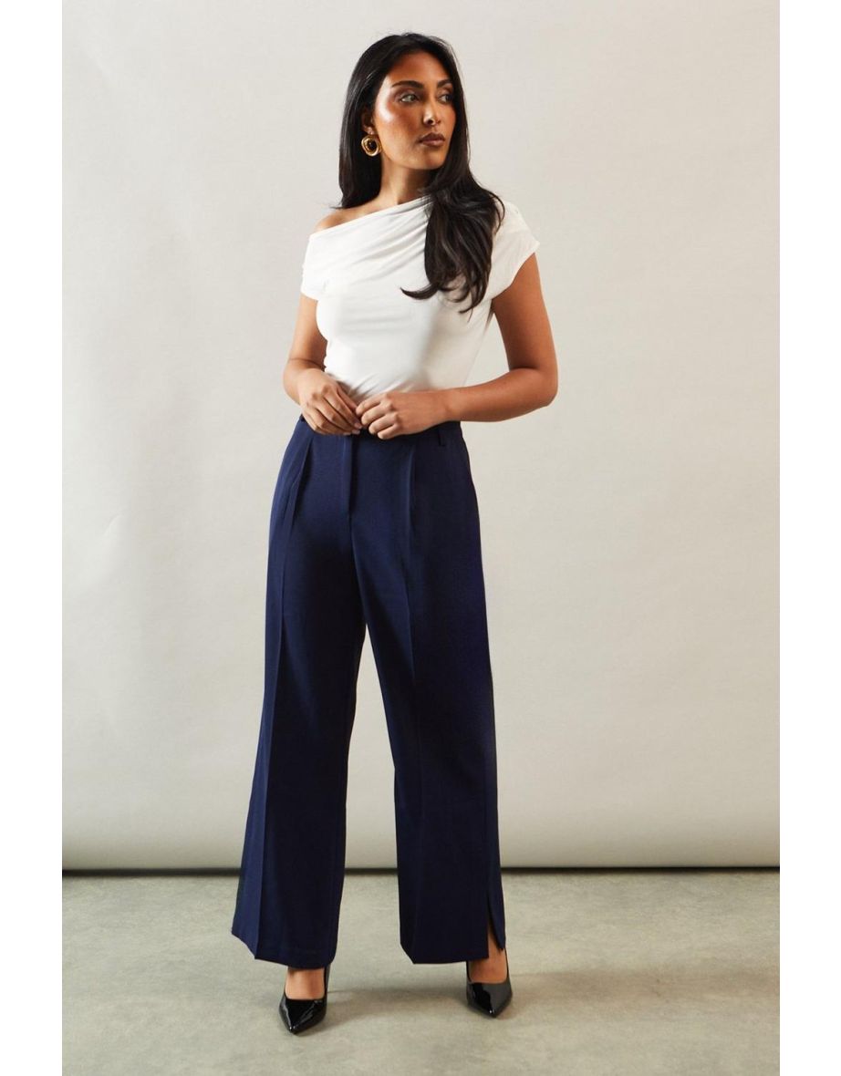 Petite Belt Detail Side Split Flare Trousers
