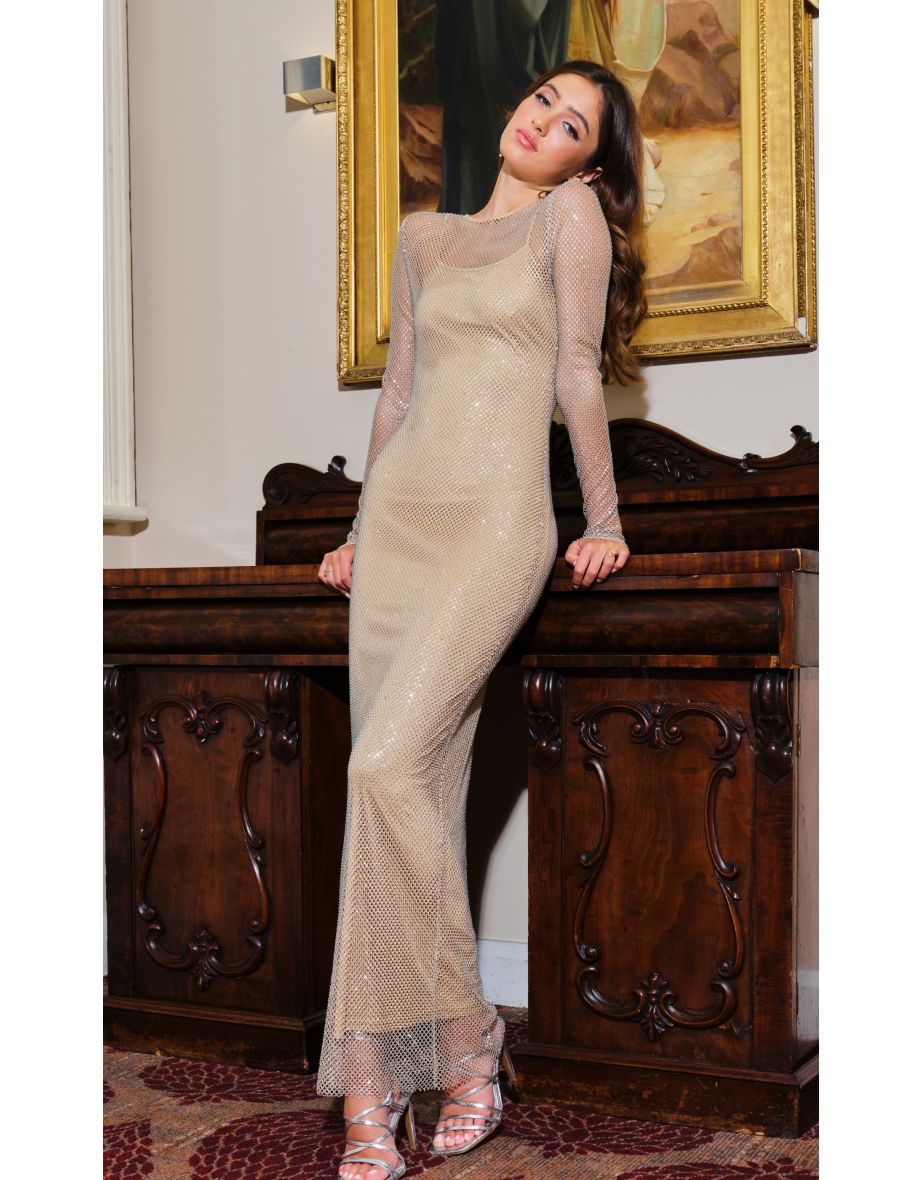 Cream Diamante Long Sleeve Maxi Dress
