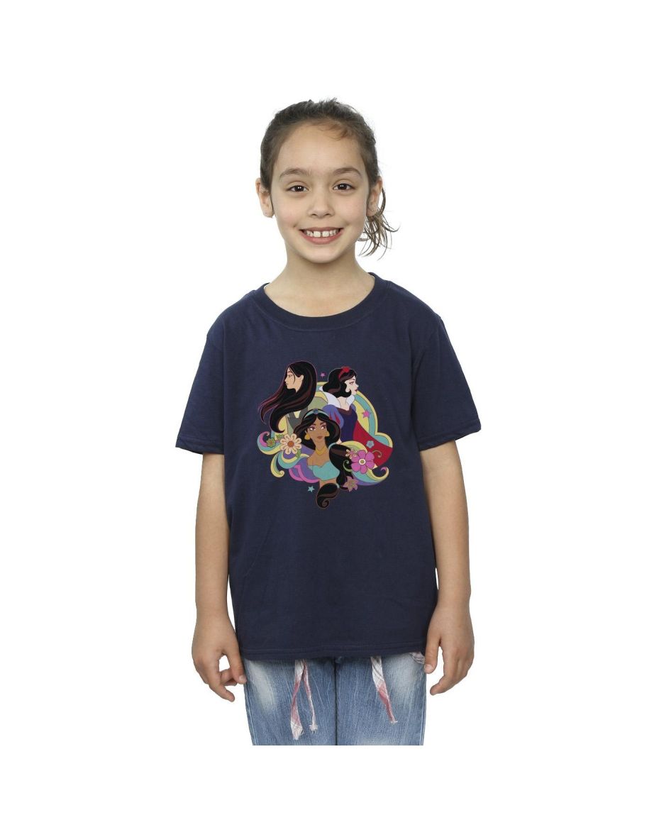 Disney Girls Princess Mulan Jasmine Snow White Cotton T-Shirt - Navy Blue