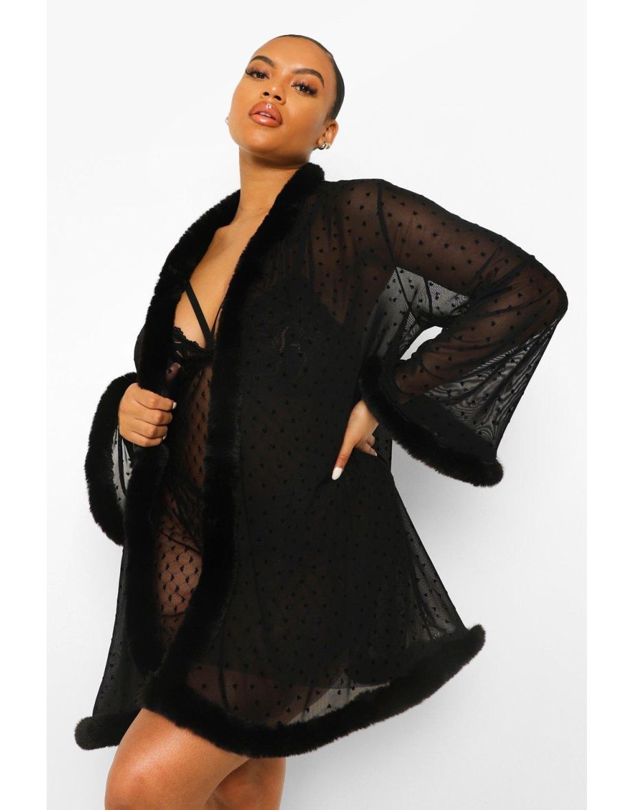 Plus Mesh Heart Fluffy Trim Kimono - black - 3