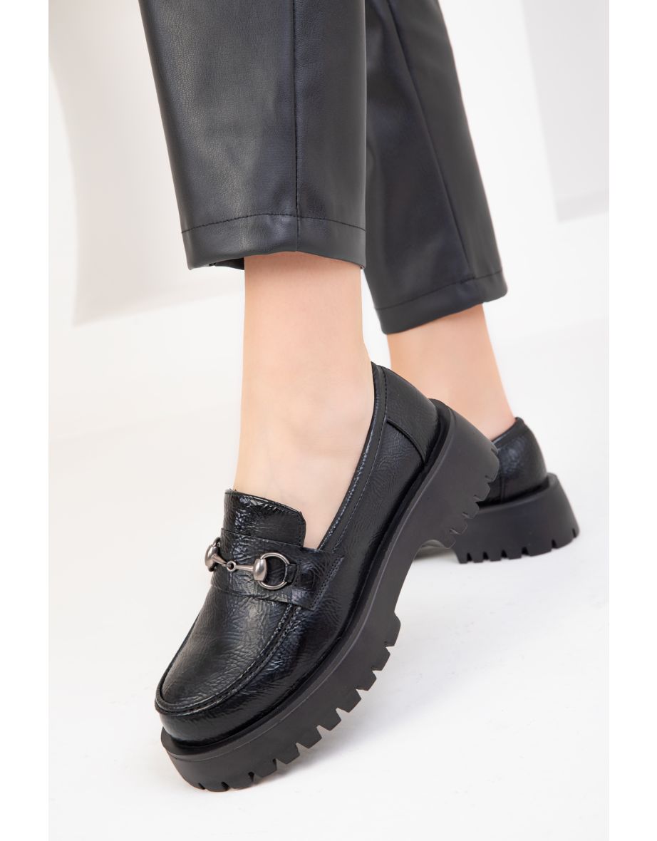 Black Matte Patent Leather Women's Casual Shoes - 4