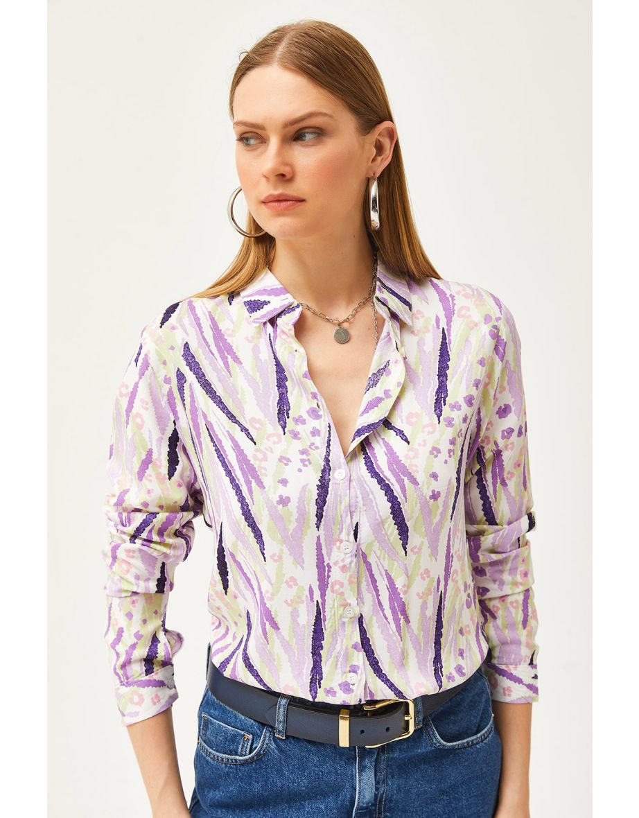 Women's Purple Lilac Leaf Patterned Woven Viscose Shirt - 5