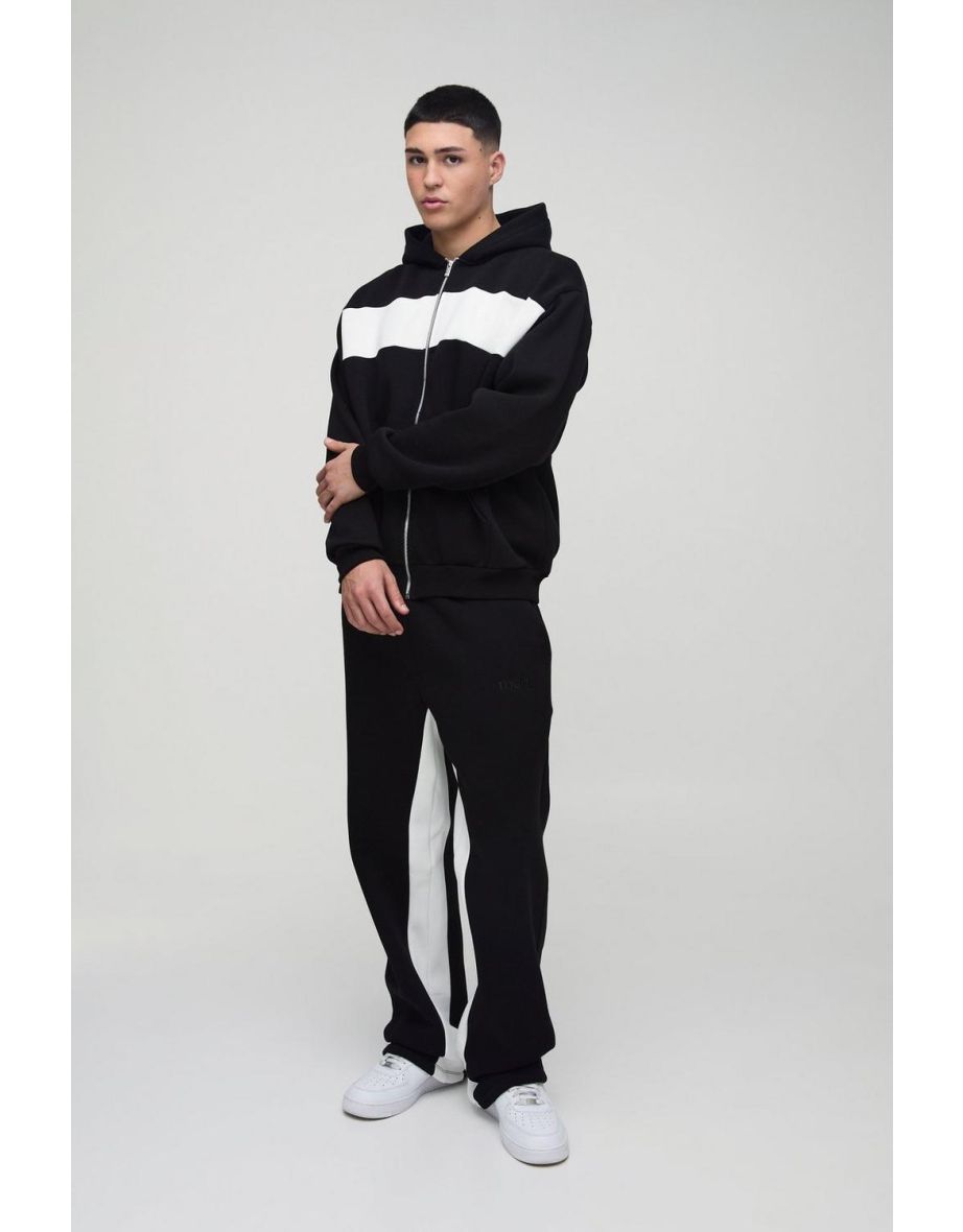 Oversized Man Colour Block Zip Hooded Tracksuit - black
