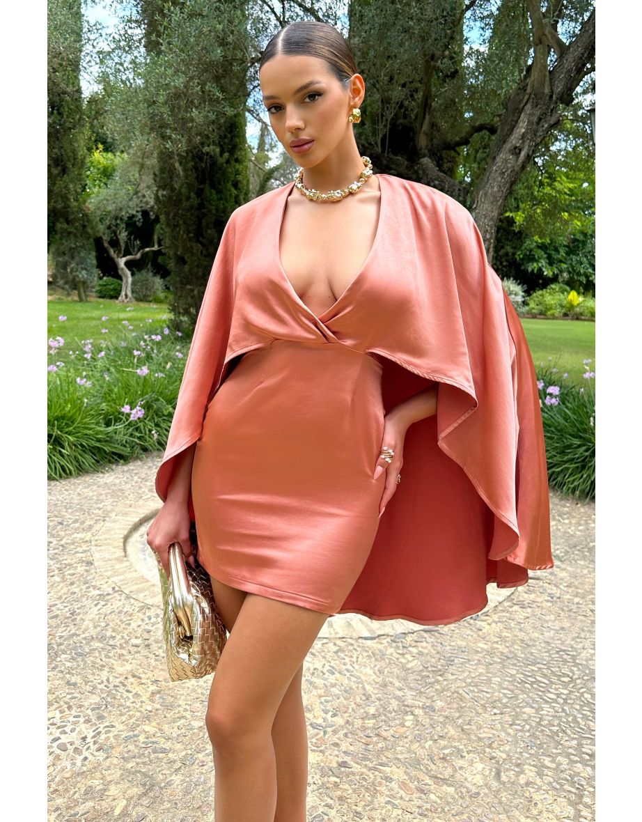 Olsen | Coral Satin Plunge-Neck Cape Mini Dress - 5