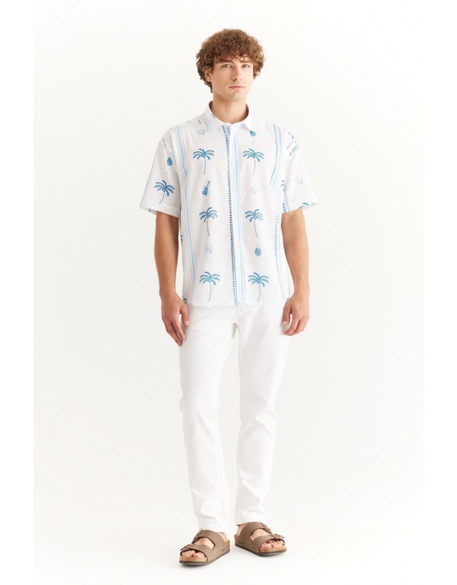 Men's White-Navy Blue Oversize Wide Cut Classic Collar 100% Cotton Printed Shirt