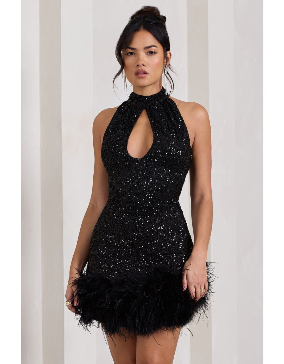 Tillie | Black Sequin High Neck Trapeze Mini Dress With Feather Hem Detail