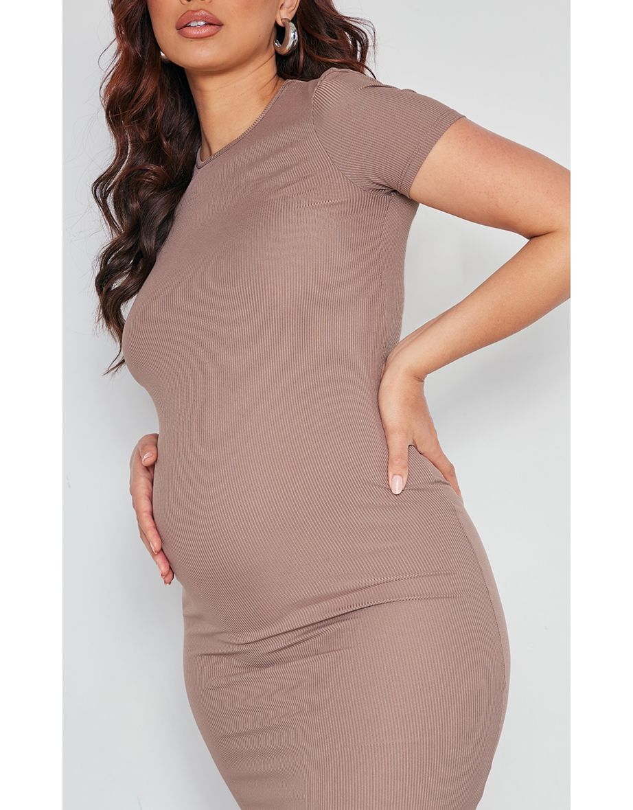 Maternity Taupe Ribbed Crew Neck Midi Dress - 3